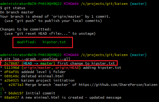 Git status followed by a Git log command
